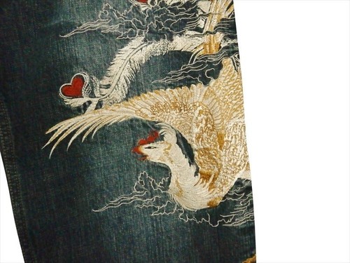 NEW Karakuri Tamashii Men's Denim Jeans White Phoenix Blue Size 34 Deadstock 34 - Picture 3 of 7