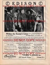 1913 SILENT FILM THOMAS EDISON CIVIL WAR CHRISTMAS WITHIN ENEMYS LINES AD POSTER