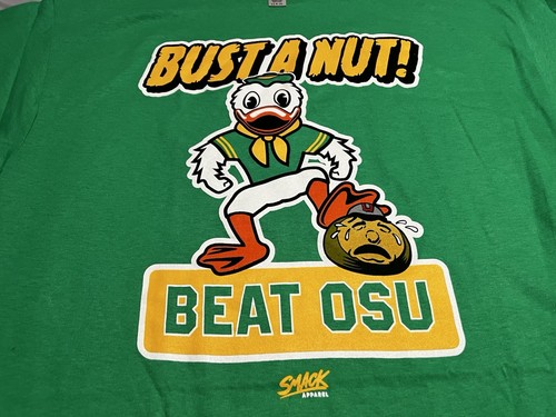 Bust A Nut (Anti-OSU) T-Shirt for Oregon College Fans Size L Green - Picture 2 of 4