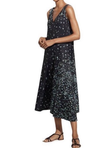 Vince Damen Etuikleid Gr. S. Blumen Satin Midi V-Ausschnitt asymmetrisch schwarz. Neu ohne Etikett - Bild 5 von 9