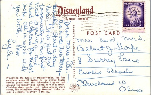 Vintage Postcard Disney Disneyland Anaheim CA Monorail Submarine Lagoon 1962 - Picture 2 of 3