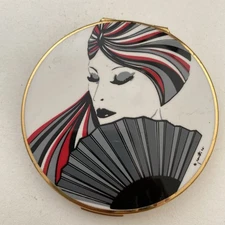 Signed Art Deco Lady With Fan Enamel Double Mirror Compact Stratton England