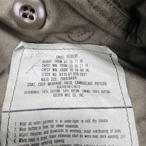 Vintage US Army M65 Field Jacket Mens Small Regular Woodland Camo Coat 80s - Picture 6 of 12