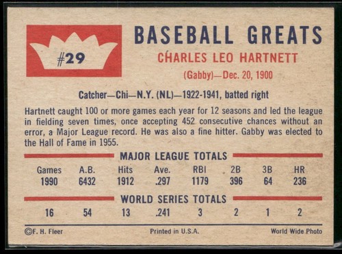 1960 Fleer Baseball Greats Gabby Hartnett #29 - Picture 2 of 2