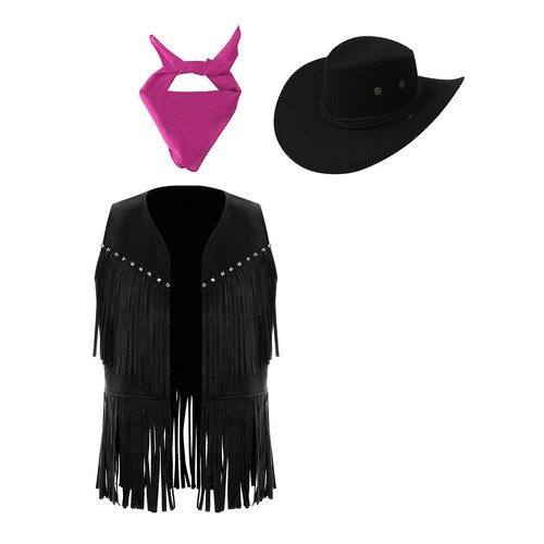 Kids Girl Boy 3Pcs Cowgirl Outfits Waistcoat Matched Drawstring Cowboy Hat Scarf - Photo 16/56