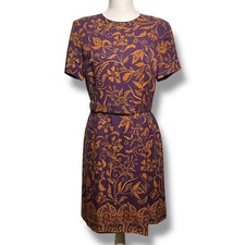 Talbots Purple Gold Silk Dress Belted Size 8 Sheath Short Sleeves Back Zip