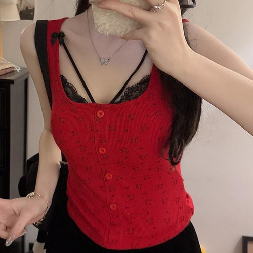 Ladies' Printed Fashionable Casual Lace Patchwork Sleeveless Camisole Vest - Picture 15 of 27