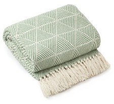 Image of 100% Cotton Throw Pistachio Green Luxury Fringe Tassel Sofa Bed Chair Blanket