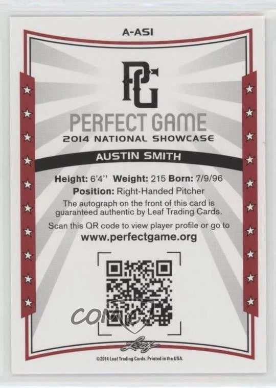 2014 Leaf Perfect Game Showcase Auto Blue /25 Austin Smith #A-AS1 Auto - Image 2 of 2