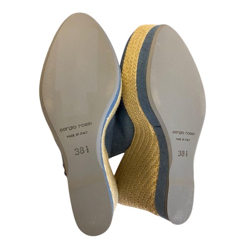 NEW SERGIO ROSSI Blue Canvas Slingback Espadrille Wedge Sandals, Size 38.5 - Picture 8 of 8