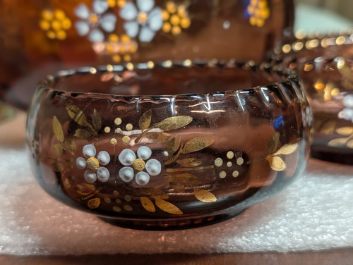 VTG 6 Pc Victorian Northwood Amethyst Glass Berry Bowl Set Enameled Flowers - Picture 8 of 19