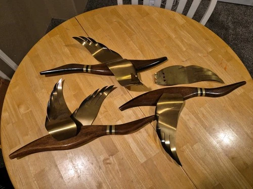 Brass and Teak Wood Duck Wall Sculpture Set of 3 B