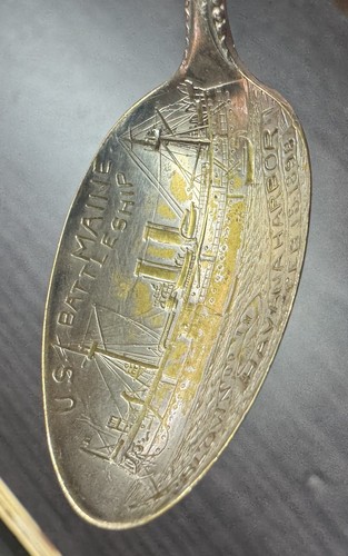 USS Maine Battleship Havanah Harbor Sterling Plate Spoon Vintage - Picture 4 of 5