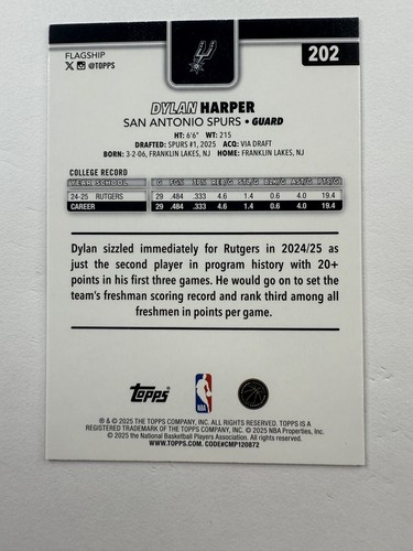 2025-26 Topps NBA Dylan Harper No. 2022 Rookie (RC) - San Antonio Spur - Bild 2 von 3