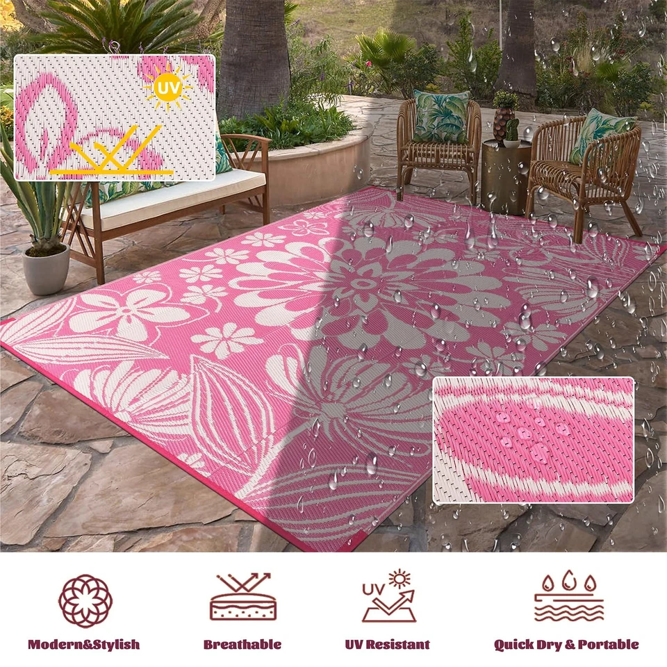 Alfombra de paja de plástico para exteriores 5x8 pies divertida estilo floral reversible alfombras de patio... Foto 4 de 4