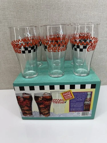 Coca Cola Glass Set 6pcs Vintage Checkerboard Tumblers w Box