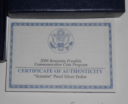 2006 COMMEMORATIVE COIN PROGRAM - BEN FRANKLIN "SCIENTIST" PRF SILVER $1 - Picture 3 of 10