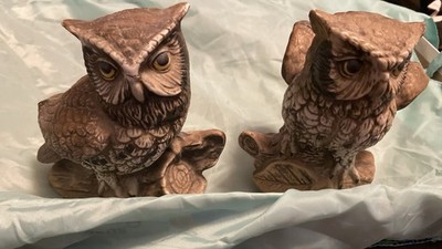 Vintage Homco Great Horned Owls 5'' Ceramic Figurines MCM Decor Pair 1114 Set Lot