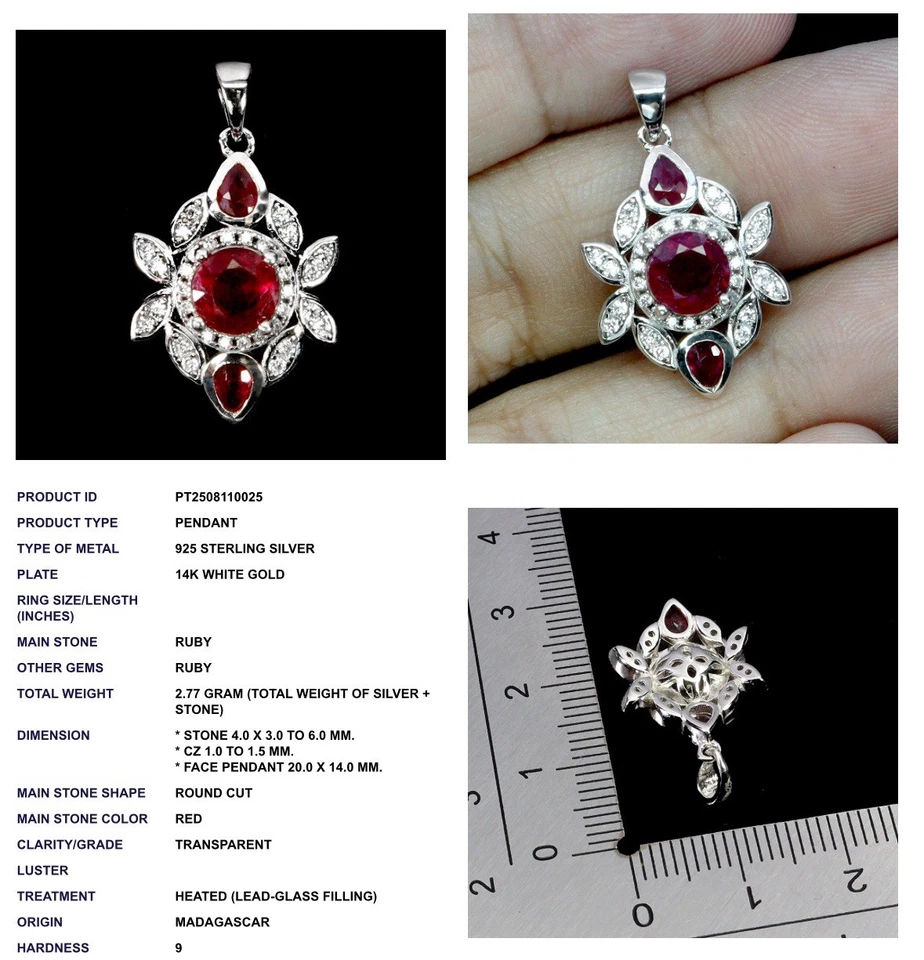 Juego de joyas de rubí hecho a mano plata 925 chapado en oro blanco estante Foto 4 de 4