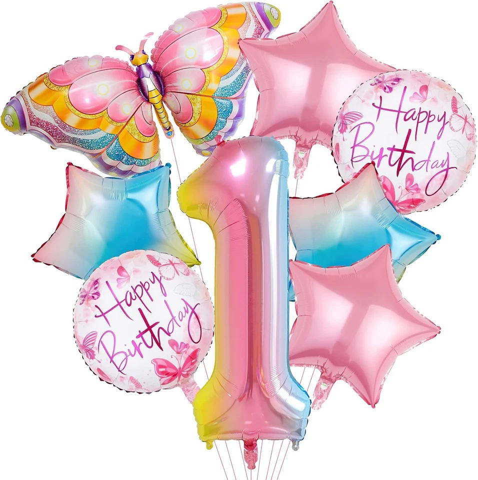 8 Globos de Lámina Mariposa - Decoración de Fiesta Rosa Gradiente para Bebé o 1er Cumpleaños Foto 2 de 4
