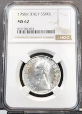 1958 ITALY SILVER 500 LIRE S500L RENAISSANCE WOMAN NGC MS 62 RARE FIRST YEAR