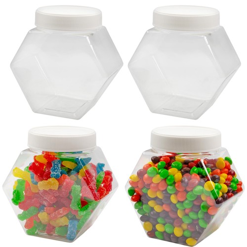 Plastic Hexagon Shaped Jars (4-Pack, 30oz); Value Pack of Containers for Snac...