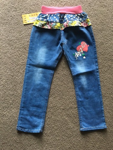 Tongku Anyos Pants Girls size 6 Ruffle Patchwork Graphic Denim Jeans NEW NWT XIN - Picture 1 of 5