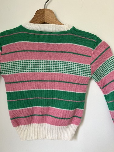 Vintage Knit Colour-block Check Kids Jumper Sweater Pullover Green Pink NWOT - Picture 6 of 12
