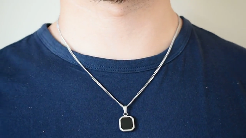 Black Onyx Square Men Pendant Stackable Minimalist Sterling Silver Jewelry Gift - Video 1 of 1
