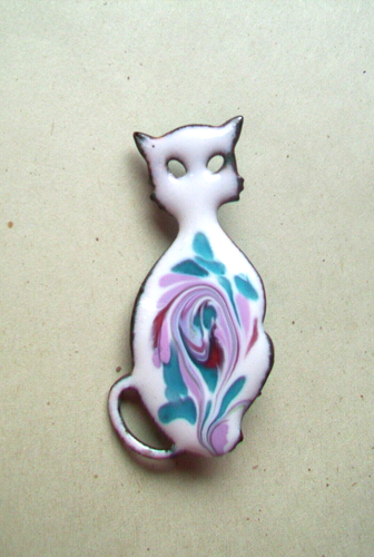 SMALL CAT Pin Brooch Signed INGA- PINK/BLUE/WHITE COLOR