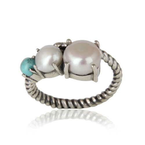 Handmade Twisted Design Double Pearl & Turquoise Oxidized Gemstone Ring For Gift - Picture 2 of 6