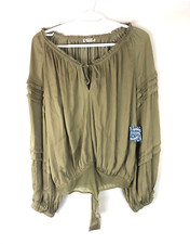 Free People Women s Tan All Tucks Green Long Sleeve Bodysuit, Size Small