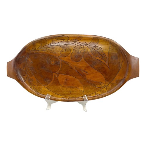 Koi Fish Wooden Tray Hand Carved Large 21" x 7" Double Handled Two Tone Brown - Picture 1 of 7