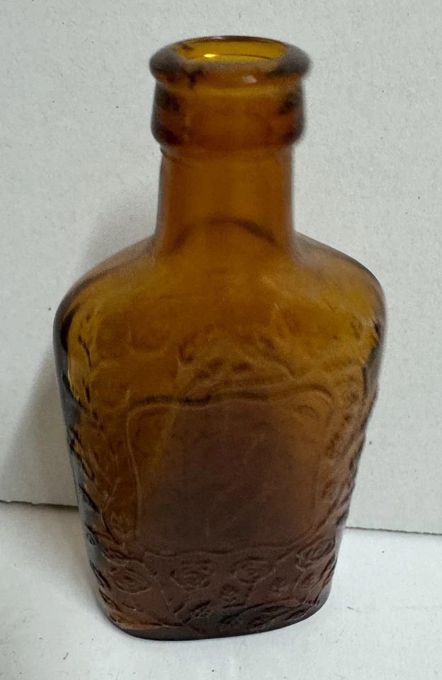 Botella de whisky miniatura de vidrio ámbar vintage patrón de rosas SIN TAPA/TAPA 3,75" Foto 2 de 4