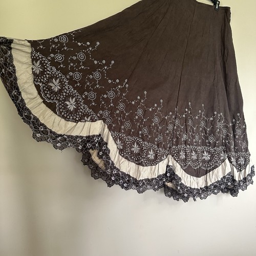 Women XXL Peasant Maxi Skirt Prairie Embroidered Cottagecore Brown Boho Hippie - Picture 3 of 7