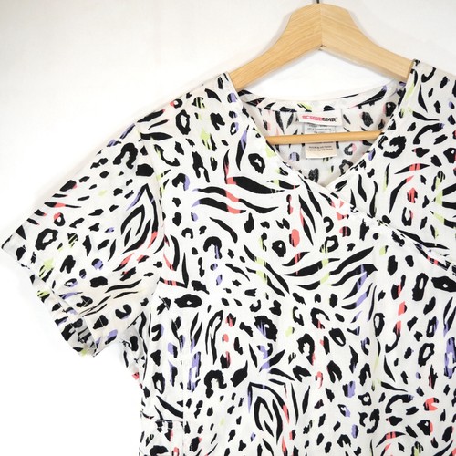 Scrubstar Women's Wrap V-neck Scrub Top White Neon Animal Print Size XS - Picture 2 of 11