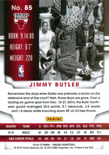 Jimmy Butler 2014-15 Panini Threads Basketball NBA Base Card #85 Chicago Bulls - Picture 2 of 2