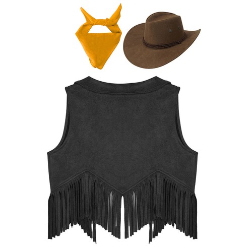 UK Girl's Western Cowgirl Cowboy Outfit Kids Suede Vest with Hat Bandana Costume - Picture 21 of 76