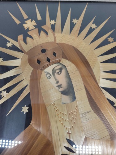 Vintage Unsere Liebe Frau vom Tor der Morgenröte Mutter Maria polnische Intarsien Stroh Kunst 12x10" - Bild 9 von 10