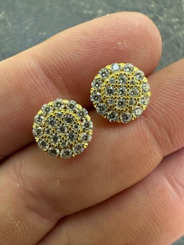 MOISSANITE Real 925 Silver 14k Gold Plated Iced Cluster Round Hip Hop Earrings - Picture 7 of 23