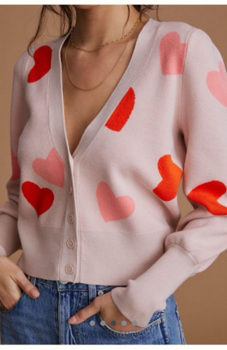 Maeve Anthropologie Lily Heart Print Button Down Cardigan Sweater Pink Size L