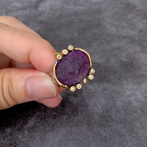 Oval Purple Amethyst Rough Rhinestone Finger Rings Cocktail Adjustable Ring - Picture 4 of 6
