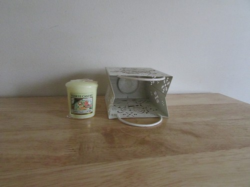 Sparkly Santa Shopping Bag Candle Holder w Yankee Votive Christmas Cookie Scent - Picture 2 of 4