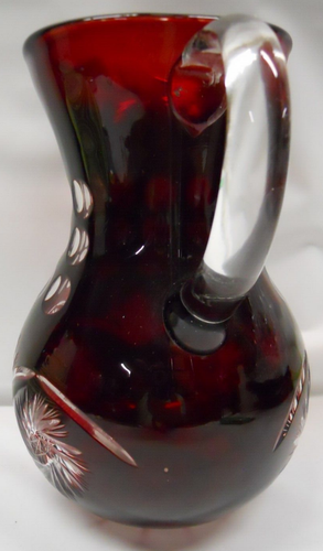 Clear Pitcher Boho Dark Ruby Red Czech Deep Glass 9" tall clear glass handle - Picture 3 of 15