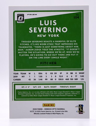 2020 Donruss Optic Lime Green Prizm #104 Luis Severino New York Yankees - Picture 2 of 2