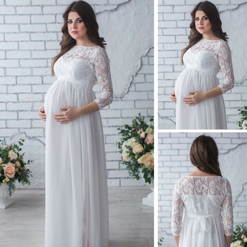 Damen Umstandskleid Fototuch Party Abschlussball Kleider Spitze langes Maxikleid - Bild 5 von 17