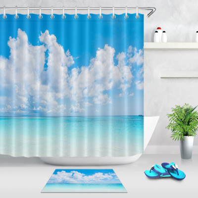 Blue Sky White Clouds Sea Water Shower Curtain Liner Bathroom Polyester Fabric