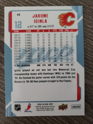 2008-09 Upper Deck MVP Jarome Iginla Hockey Card #44 Calgary