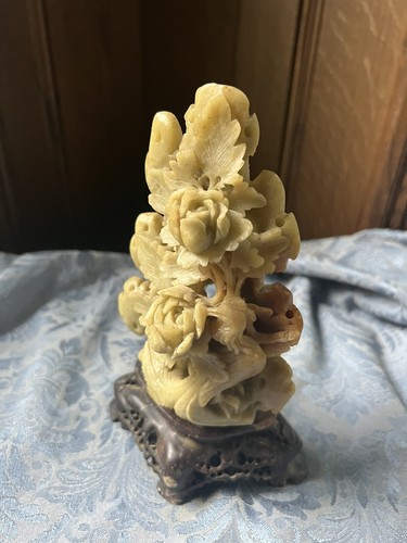 Vintage handgeschnitzter Speckstein chinesischer roter Oliv Blumen Vogel Objekt -  - Bild 9 von 13