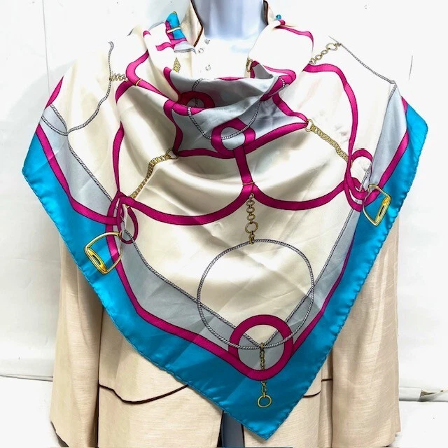 Celine Paris Silk Scarf Square blue pinkyellow ivery gray robe 30"x30" (15) - Image 3 of 4